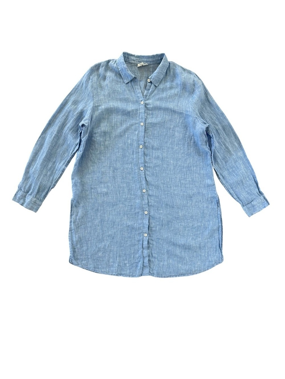 J Jill Love Linen Blue Long Sleeve Button Tunic Dress